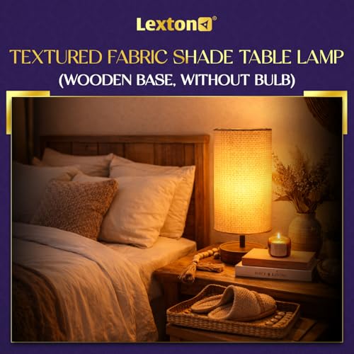 Image of Lexton 13 Inch Textured Fabric Shade Table Lamp with Wooden Base | Modern Cylindrical Bedside Lamp for Living Room, Bedroom, Study Table & Home Decor | Soft Ambient Lighting | Bulb Not Included