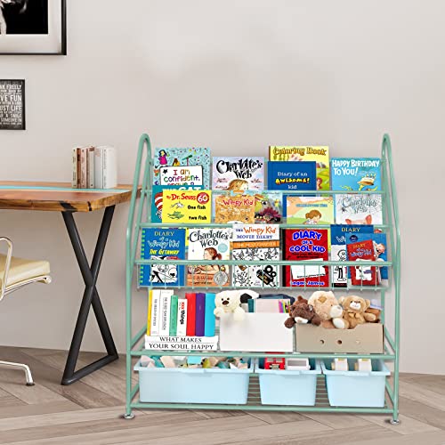 Image of aboxoo Metal Kids Bookshelf Green Freestanding for Children Room 32 in Toy Organizer Book Unit Storage Large Green Stable Bookcase Bookstore Living Room Bed Room Library