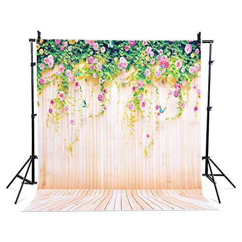 BPS 5x7ft (1.5m x 2.1m) Photography Portrait Cloth Vinyl Backdrop Pastoral Style Yellow Wood Floor Flowers Wall Background for Portait or Video Photography