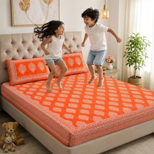 Image of JAIPUR PRINTS 100% Cotton Bedsheet for Double Size Bed bedsheets Rajasthani Jaipuri Printed Double Size Bedsheet with 2 Pillow Cover / 90x100 inch / 235x215 cm / (Orange)