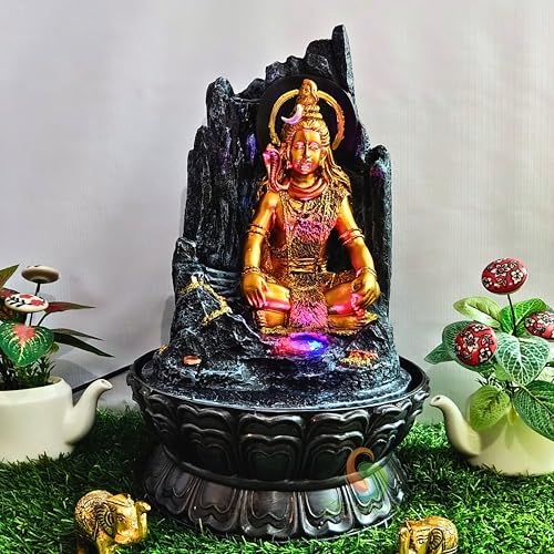 Image of Decorative Table Top Water Fountain for Home Decor /Office /Indoor & Outdoor /Garden /Puja Room /Vaastu with Multicolor LED Light and Adjustable Water Pump (Black Shiva)