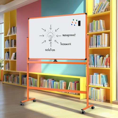 Image of Large Dry-Erase Rolling Magnetic Whiteboard - 48 x 32 Inches Dry Erase Board with Stand Height Adjust Double Sides Mobile White Board Easel on Wheels with 25 Sheets Paper Pad Office, Home & Classroom