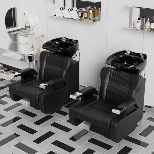 Image of Shampoo Bowl and Chair Set for Salon,Backwash Chair with Adjustable Tilting Porcelain Sink, Salon Hair Washing Station with Ceramic Shampoo Bowl Neck Rest