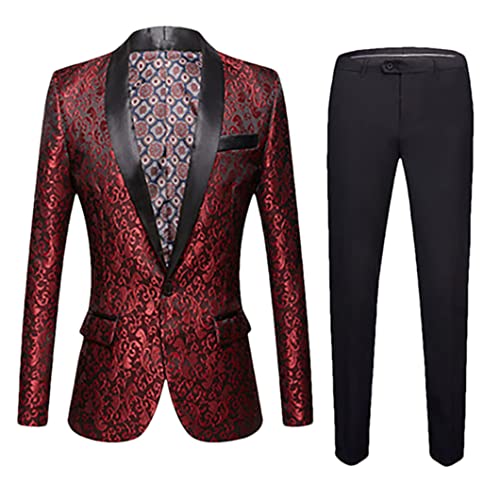 Blazer + Hose Herren Anzug Jacquard Business Hochzeit Bräutigam Kleid 2-teiliges Set Weinrot US Größe XS