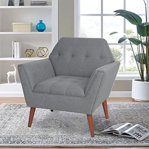 LEVNARY Modern Accent Chair, Comfy Upholstered Button Tufted Armchair with Wood Legs, Mid-Century Upholstered Single Sofa Chair for Reading Room Living Room (Dark Gray)