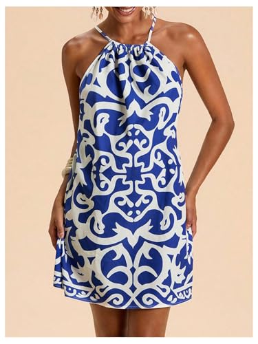 Image of SweatyRocks Women's Tropical Print Halter Dresses Sleeveless Holiday Summer Mini Dress