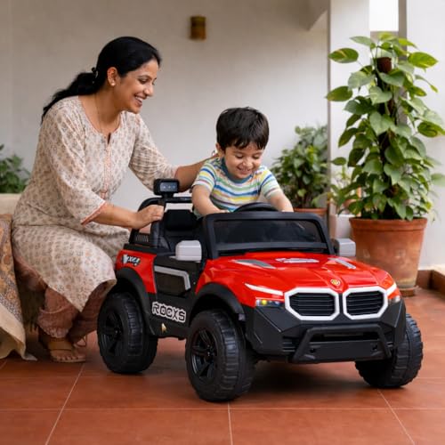 Image of KAB J 777 Rechargeable Battery Operated Jeep for Kids |POBO-2026 |Electric Ride-On Toy with LED Lights,Music,RGB Windshield,Steering Function & Dual Control (Red)