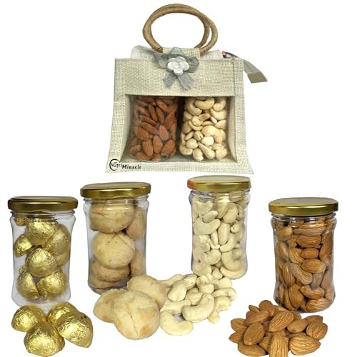 Image of NUTRI MIRACLE Raksha Bandhan Dry Fruits and Chocolate Gift Box with Jute Carry Bag | Rakhi Gift Hamper | Gift Pack
