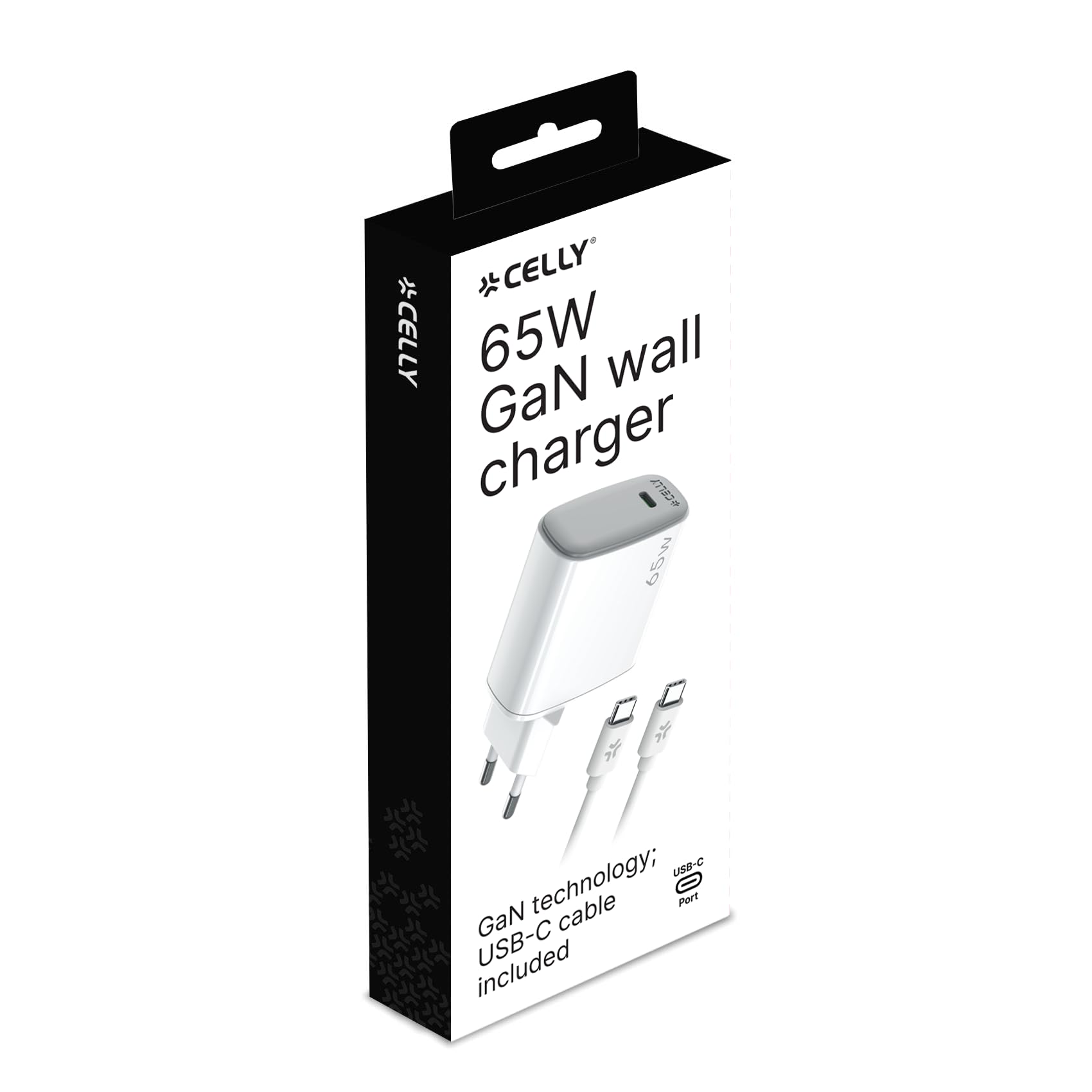 Celly UPTC1USBC65WCTC, ładowarka USB-C z kablem USB-C o długości 2 m w zestawie, przenośna ładowarka 65 W z technologią GaN, kompatybilna z różnymi modelami większości producentów