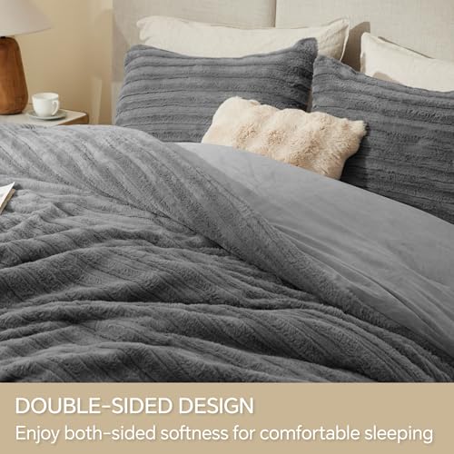 Image of BEDELITE Fleece Queen Comforter Set -Super Soft & Warm Fluffy Grey Faux Fur Bedding, Luxury Fuzzy Heavy Bed Set for Winter with 2 Pillow Cases