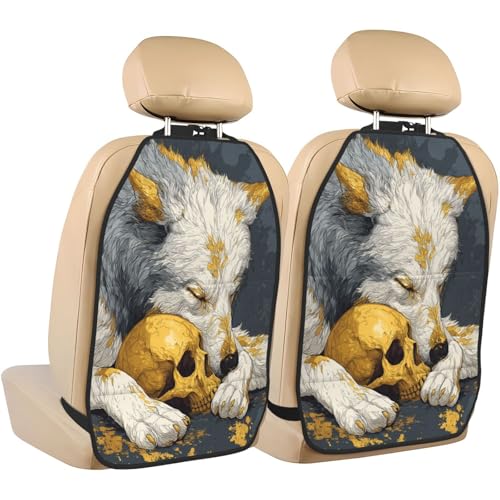 Wolf Sleeping with Golden Skull Car Seat Back Kick Protectors,2 Pack Kick Mats with Storage Pockets for Vehicles to Protect from Dirt Mud Scratches