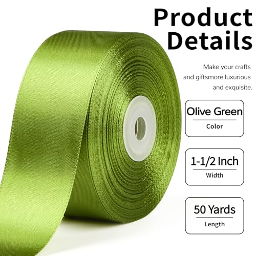 Image of Mauproy 1-1 /2 Inch Wide Olive Green Satin Ribbon, 50 Yards Solid Polyester Fabric Ribbon for Flower Bouquets, Gift Wrapping, Wedding Decorations, Handmade Crafts