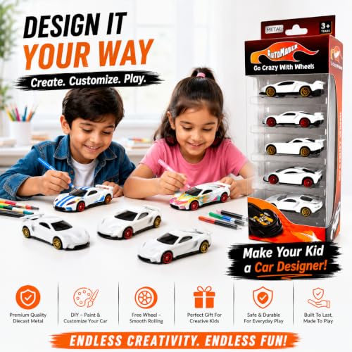 Image of White Series DIY Diecast Metal Toy Cars Pack of 5 | Paint & Design Your Own Cars | Creative Art & Craft Toy Gift for Kids 3+ | Free Wheel 1:64 Scale