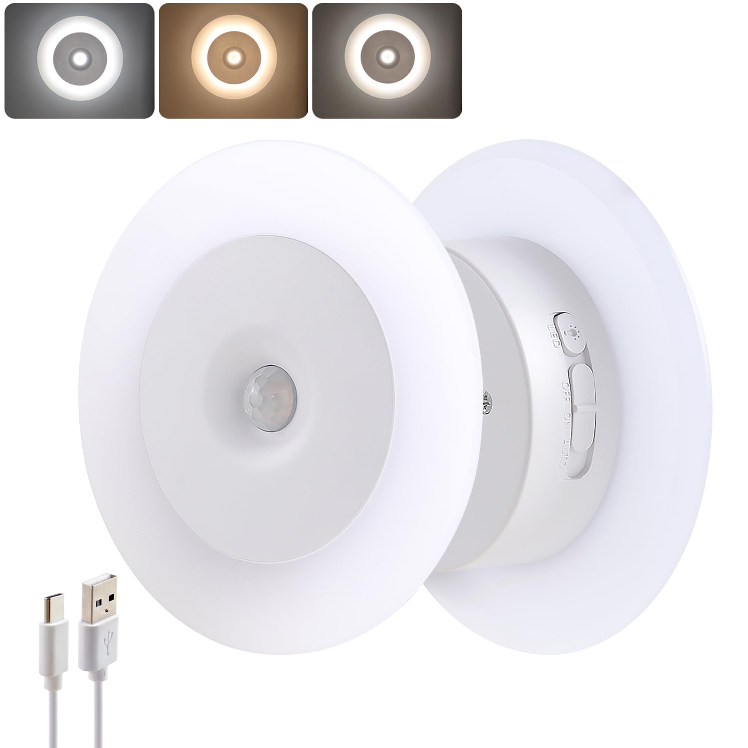 DAMI Luz nocturna recargable con sensor de movimiento para interiores, luz LED de 1200 mAh con 3 CCT (3000 K/4500 K/6500 K), regulables, magnéticas, para escaleras, pasillo, dormitorio (paquete de 2)