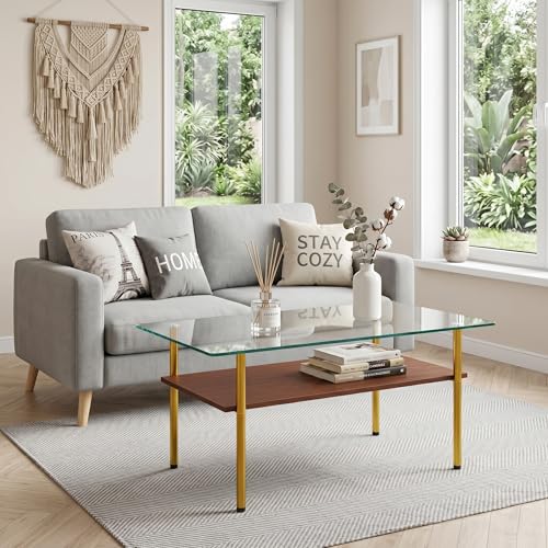 Image of 38.6 inch Glass Coffee Table for Living Room, 2-Tier Modern Center Table with Clear Tempered Glass Top, Brown Wood Shelf & Gold Metal Legs, Accent Tea Table for Small Space, Easy to Assemble
