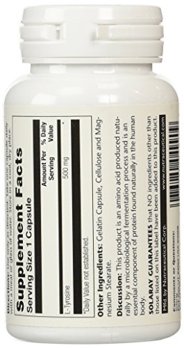 Image of SOLARAY L-Tyrosine 500mg - Essential Amino Acid Supplement - Powerful L Tyrosine Nutritive Support for Women and Men - Lab Verified - 50 Servings, 50 VegCaps
