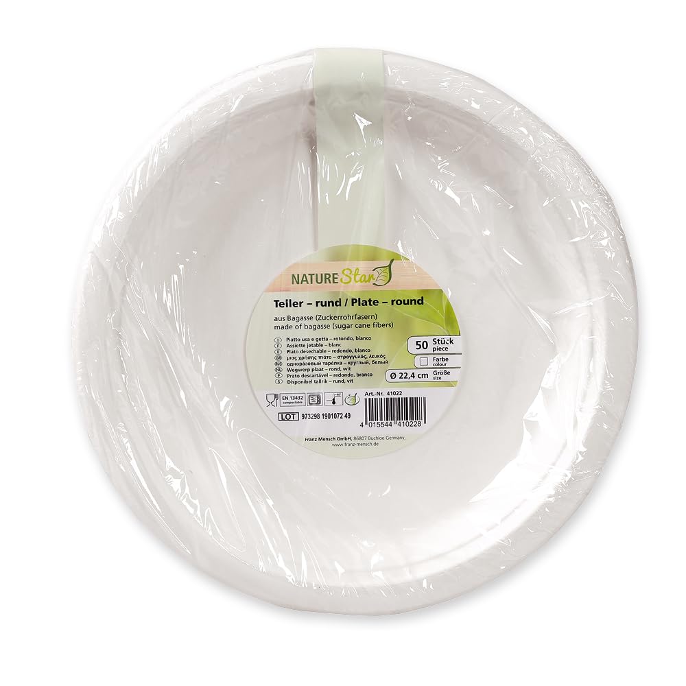FRANZ MENSCH 1000 Stück NATUREStar Teller, rund | Zuckerrohr, weiß, Ø: 23cm, H: 2cm, Karton, Einwegteller, Zuckerrohrteller, Einmalteller