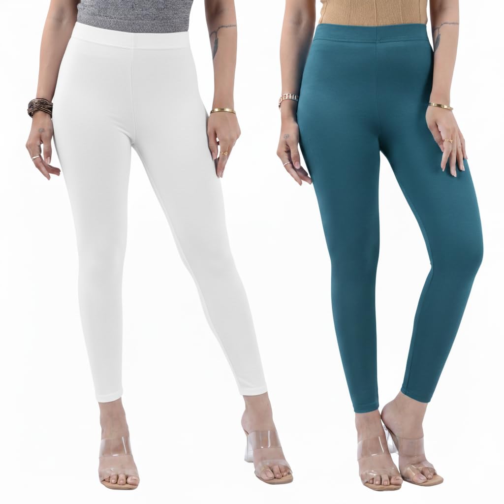 colrina Cotton Ankle Length Leggings Combo Pack of 2 for Women & Girls | Stretchable Elastane Fabric | Non See Through | High Waist Regular Fit Casual Leggings-picture-19