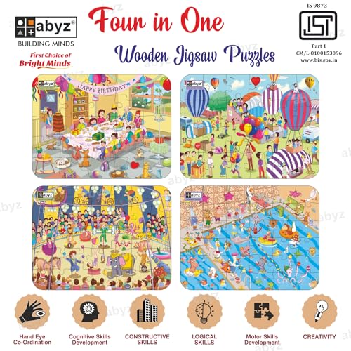 Image of ABYZ Wooden Jigsaw Air Balloon, Birthday Party, Circus, Animal's Pool Party Puzzle 120pcs for Kids, of Age 3-5 Years, Set of 4