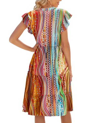 Image of Womens Summer Dress Ruffle Sleeve V Neck Midi Dresses Casual Fit Flowy Tiered Boho Beach Vacation Sundress