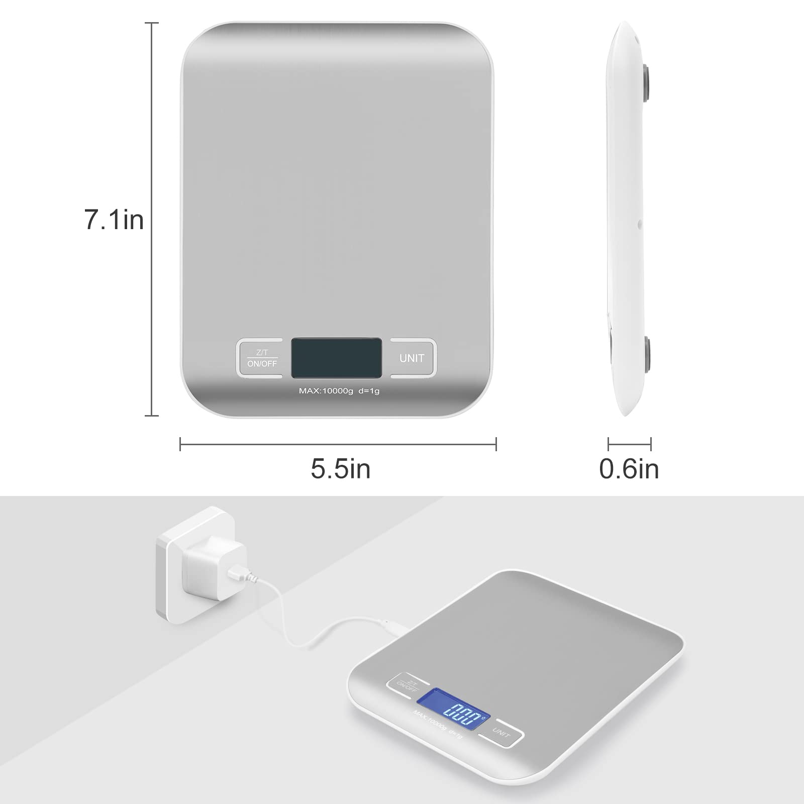 Báscula de envío digital, panel de acero inoxidable, escala postal portátil precisa de 10 kg/1 g para paquetes, pequeñas empresas, cocina, alimentos, hecha a mano, líquidos y boutique (plata)