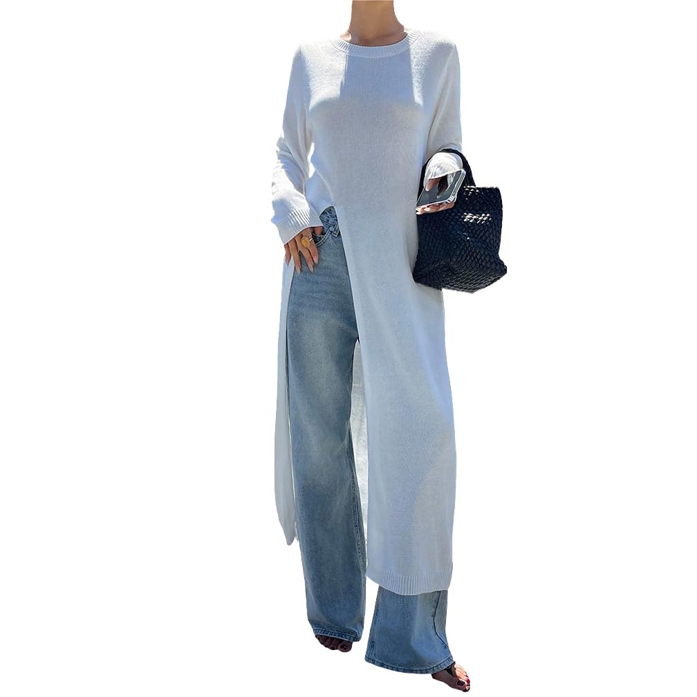 Women Elegant Crew Neck High Split Maxi Sweater Casual Loose Fit Long Sleeve Slit Front Knit Pullover Long