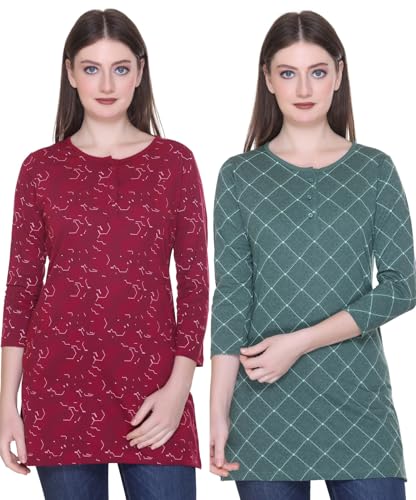 Image of Women Regular Fit Henley All Over Print T-Shirt (Combo of 2) | Small-5XL