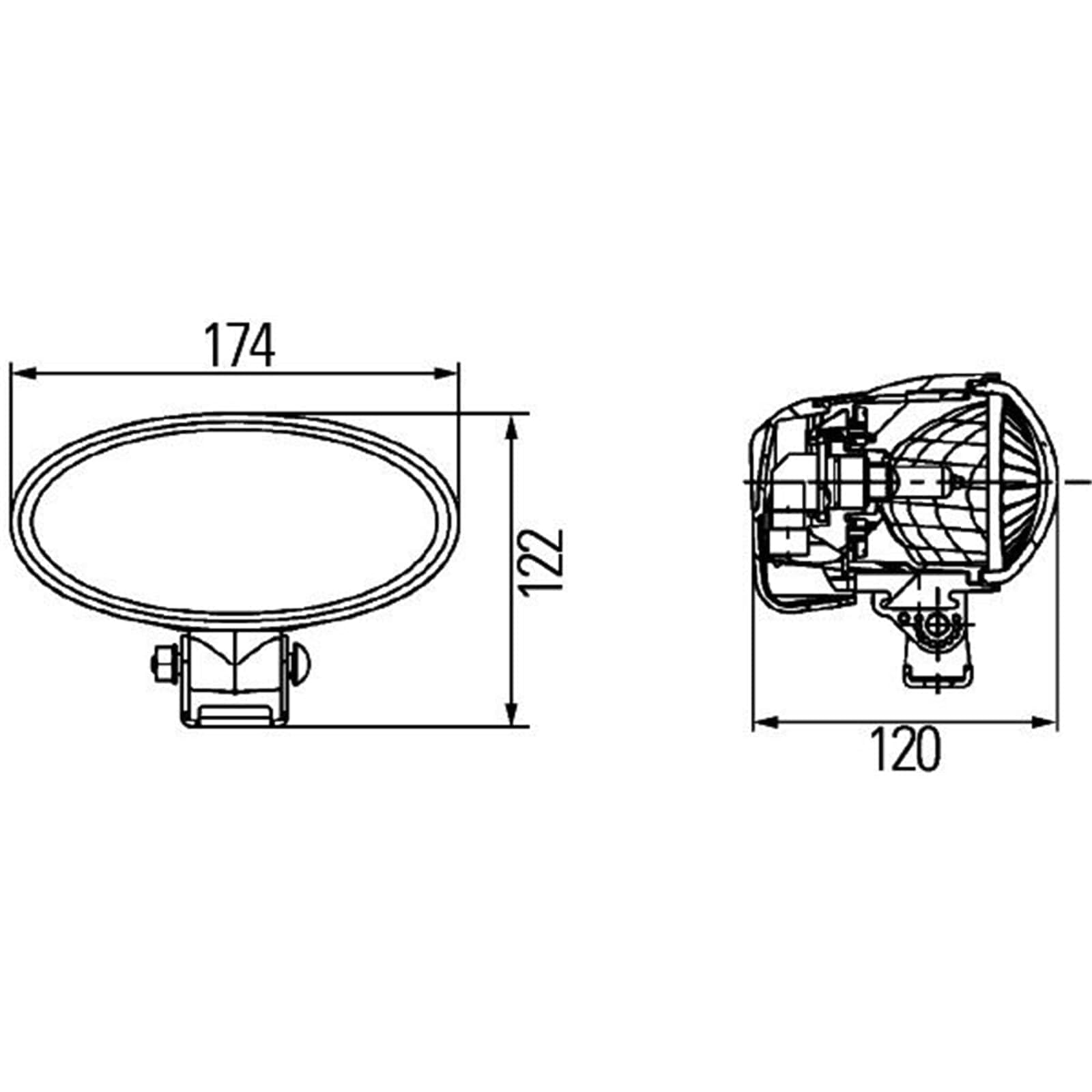 HELLA Halogen Oświetlenie pomocnicze - Oval 90 - 12V - Oprawa/przykręcany - stojący/Wychylny pałąk montażowy - Oświetlenie najbliższego otoczenia - 1GB 996 186-051
