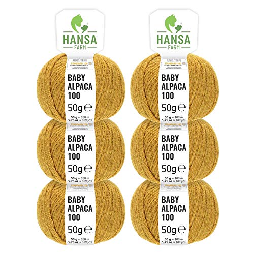 HANSA-FARM 100% Lana de Alpaca en más de 50 Colores (no Pica) - Set de 300g (6X 50g) - Suave Hilo Baby de Alpaca para Punto y Ganchillo en 6 grosores Amarilla Mostaza (Heather)