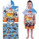 Fanfanwin 2 Pack Monster Truck Themed Bath Towel Beach Hooded Bath Towel 37.8x23.62 Inches Monster Truck Poncho with Snap Buttons Hood Soft Microfiber Rapid Dry for Beach, Pool, Swim, Travel, Home Use