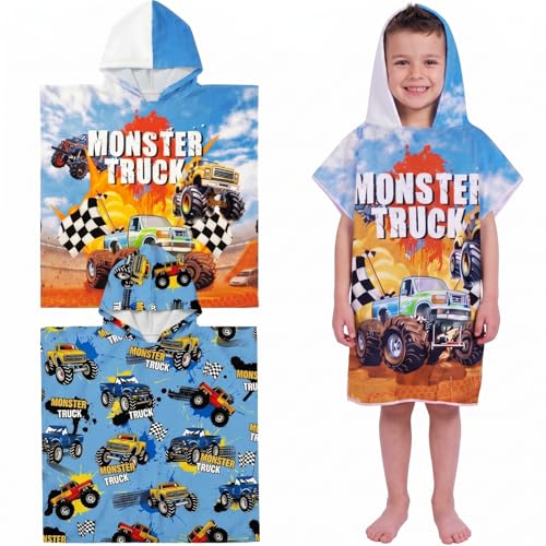 Fanfanwin 2 Pcs Hooded Bath Towel Monster Truck Beach Towel with Hood Monster Truck Bath Hooded Poncho Fit Height 37 Inches to 50.5 Inches Boys Soft Rapid Dry for Home Swim Travel Beach Pool Use