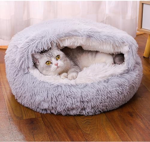 LOMUG Hunde Beruhigungsbett, 50cm Hundehöhle, Kuschelhöhle Hund, Hundebett Hunde Waschbar Rund, Halbgeschlossenes Hundeloch, Donut Hundebett Passend für Kleine Hunde und Katzen