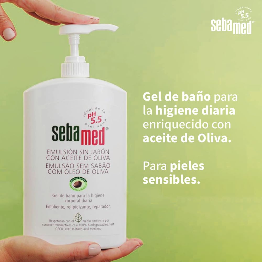 Sebamed Emulsión sin Jabón con Aceite de Oliva, Gel de Baño para Pieles Secas y Sensibles, Higiene Diaria