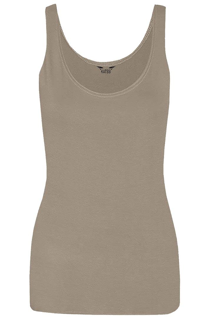 New Ladies Women Solid Wide Shoulder Tall Vest Scoop Neck Tank Top Mocha