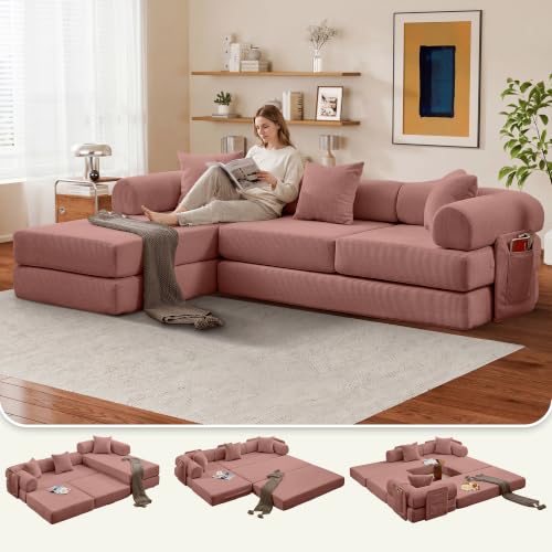 Image of 107 inch Modular Sectional Sofa Bed, L-Shape Corduroy Boneless Couch, Pink