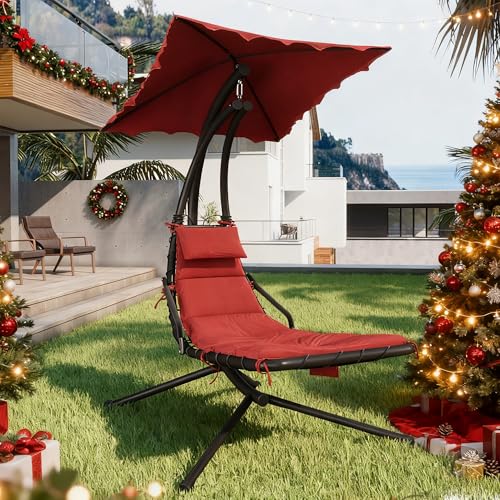 GarveeLife Chaise Lounger Swing Chair with Umbrella Canopy, Patio Hanging Chaise Lounger Chair with Stand, Curved Steel Outdoor Lounge Chairs for Indoor Patio Pool Garden Backyard Porch