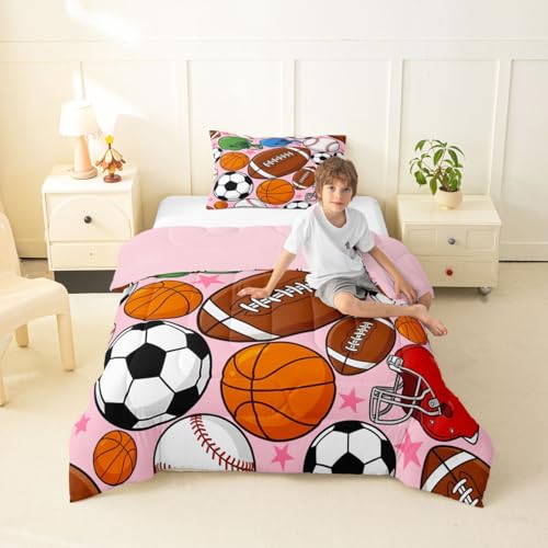 Image of Feelyou Football Bedding Set Soft for Boys Girls, Basketball Sports Comforter Set Twin Size Baseball Gaming Duvet Quilt Microfiber Pink Soccer Ball Game Bedroom Decor 2 Pcs with 1 Pillow Cases