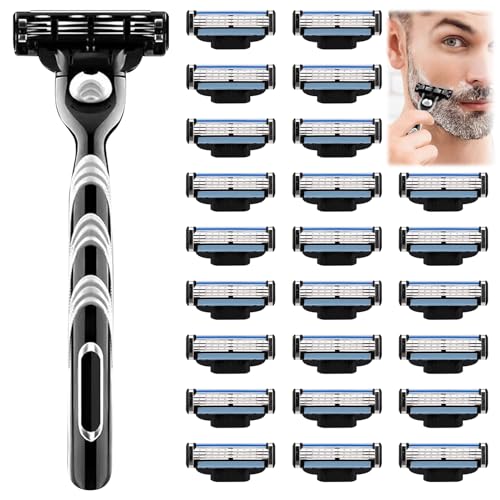 Leogony 24PCS Razor Blades Refills Compatible with Gillette Mach 3, 3-Layer Razor Blades Men with a Razor Handle