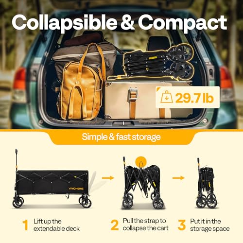 Image of VIVOHOME 48''L Extended Collapsible Wagon Cart with 440lbs Weight Capacity, Heavy Duty 350L Folding Utility Garden Cart with Extended Tailgate and Big All-Terrain Beach Wheels
