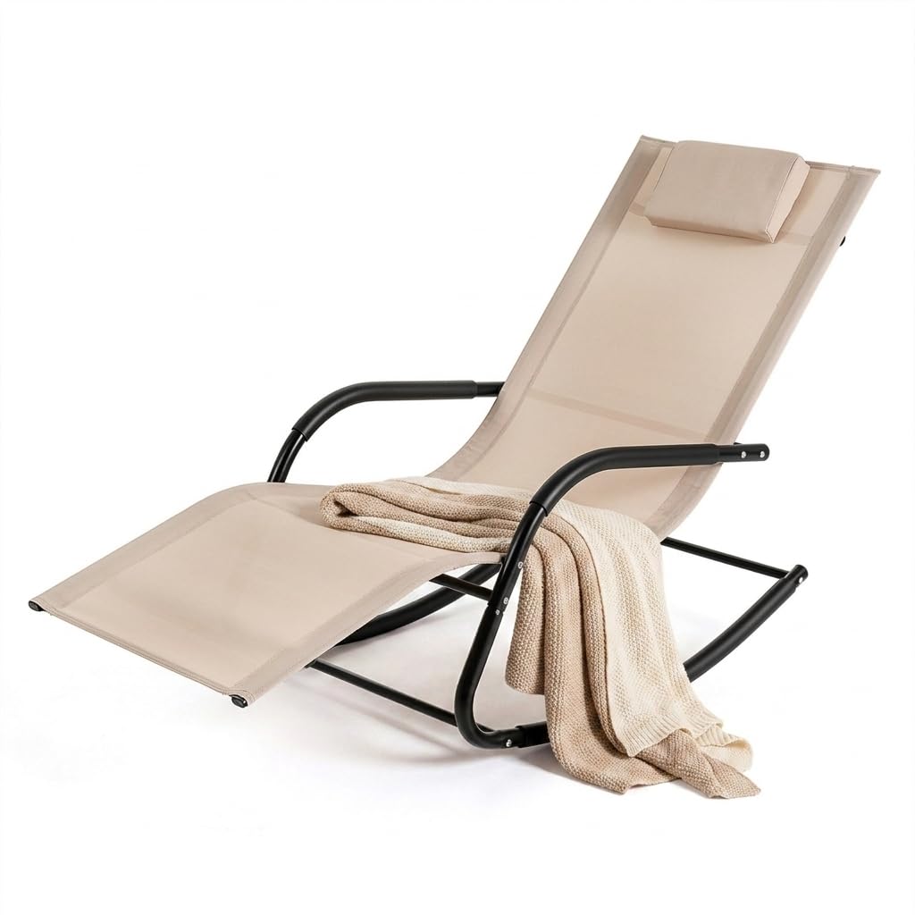 Multigot Rocking Garden Sun Lounger, Zero Gravity Reclining Deck Chair with Headrest and Curved Armrests, Metal Frame Outdoor Chaise Lounge Chair for Poolside Backyard (Beige)