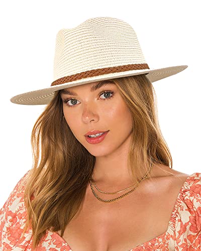 accsa Mujeres Sombrero de Panamá Sombrero de Paja Verano Ajustable Sombrero de Playa de Fedora con Cordón de Cuero Trenzado Transpirable Trilby ombrero de ala Ancha UPF 50+