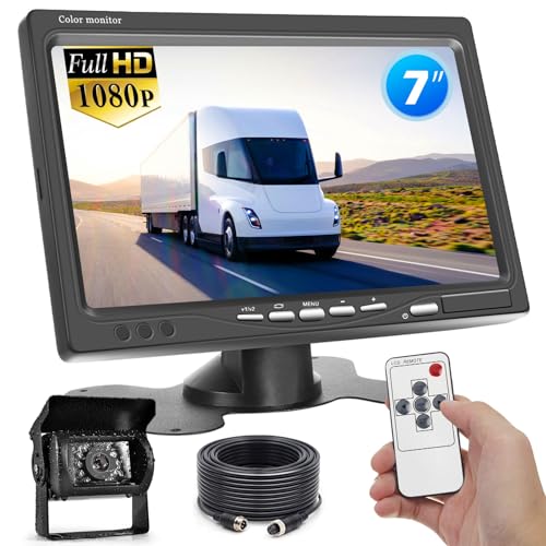Hikity Vehicle Backup Camera 7" Monitor Kit, 18 IR Night Vision Waterproof Rear View Camera Reverse Monitor for RVs,Bus, Trailer, Truck (65ft 4 Pins Aviation Extension Cable)
