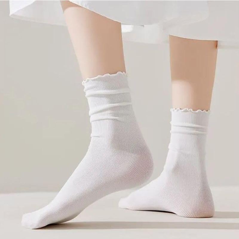 2 pairs Ruffle Cotton Middle Tube Socks for Women Solid Color Black White Breathable Spring Autumn Socks