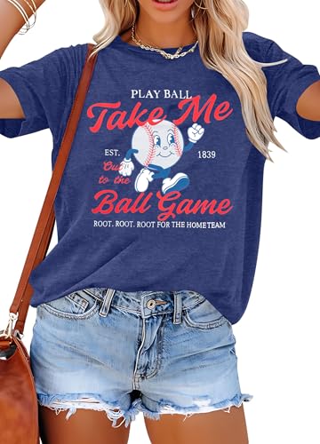 Baseball Shirts for Women Take Me Out to The Ballgame Shirt Baseball Mom Shirt Game Day Tee Casual Short Sleeve Tops Blue a