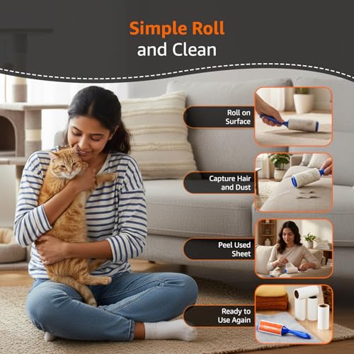 Image of Amazon Basics Pet Hair Remover Lint Roller | 5 rolls and 60 sheets each roll | Strong Adhesive Sheets | Easy Peel-Off Design | Ergonomic Grip | Multi-Surface Cleaner for Clothes, Sofas, Fabric and Car Seats