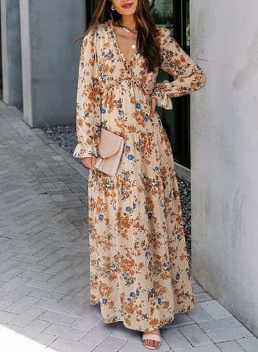 Image of BLENCOT Womens Casual Boho Floral Printed V Neck Long Sleeve Long Maxi Dress Spring Summer Dresses
