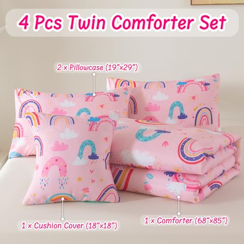 Image of Rainbow Girls Bedding Set Twin Size, Love Hearts Rainbow Comforter Set Twin Pink Bedding Sets for Girls Kids