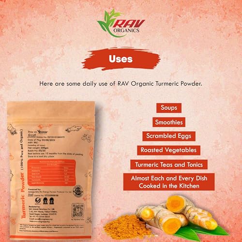 Image of Rav Organics Pure Haldi Rich in Natural Curcumin 250g | Organic Turmeric Powder | 100% Natural Sun-Dried & Stone-Ground Farm-Grown Indian Spice for Cooking, Golden Milk & Wellness | Non-GMO, NPOP Certified
