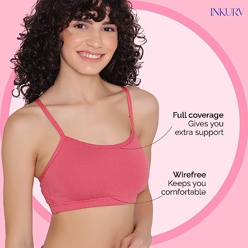 Image of INKURV Slip on Beginner's Bra for Girls, Non Padded, Non Wired, No Hooks with Double Layered Fabric, Adjustable Straps, Wirefree Sports Bra- Lisa Combo of 3