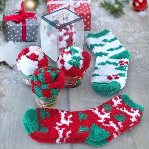 Image of YLOLUL 6 Pairs Fuzzy Socks for Women Christmas Cupcake Socks DIY Gift Socks Thick Cozy Bed Socks Warm Winter Slipper Socks Soft Fluffy Socks with Boxes Home Indoor Sleeping Christmas Holiday
